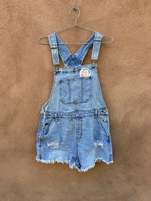 Denim Overall Shorts with Wear at Pockets