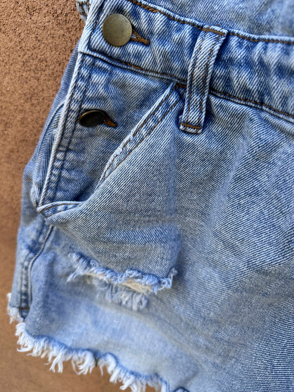 Denim Overall Shorts with Wear at Pockets