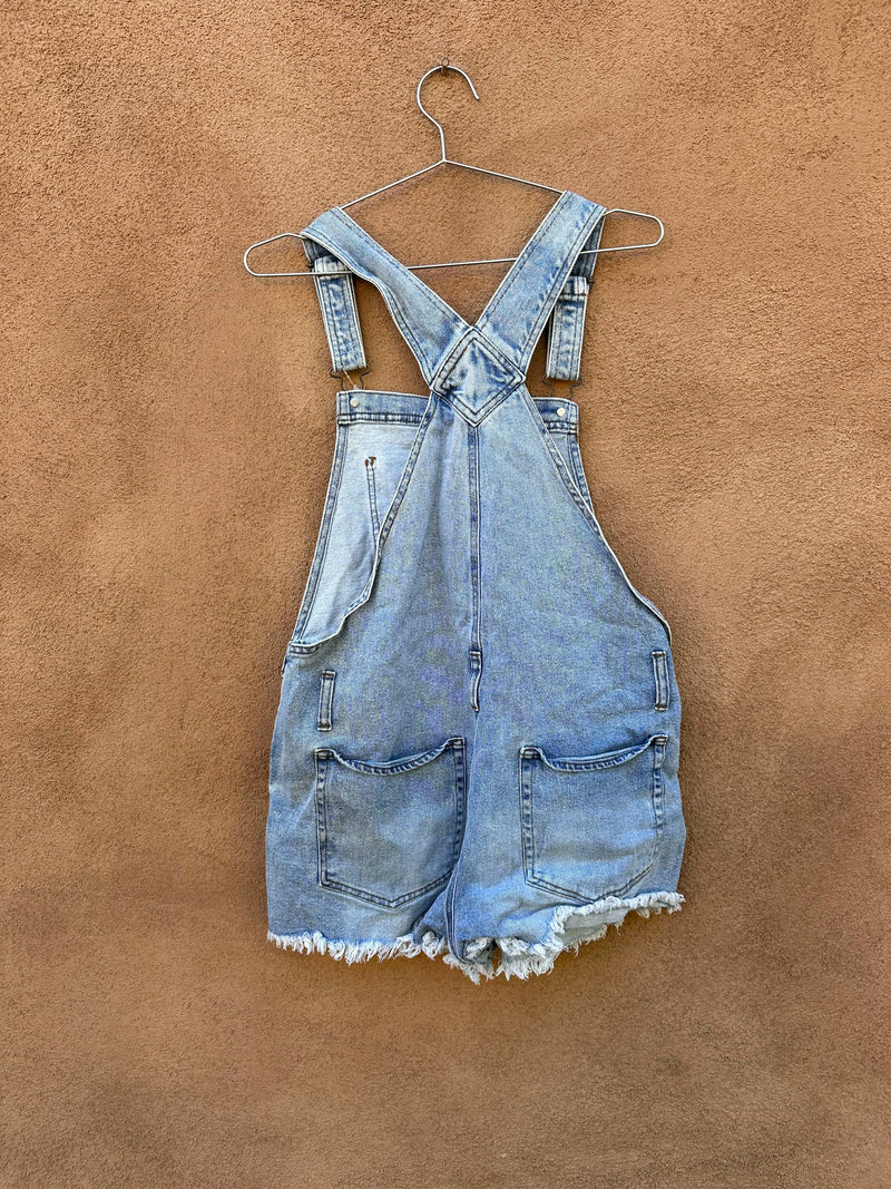 Denim Overall Shorts with Wear at Pockets