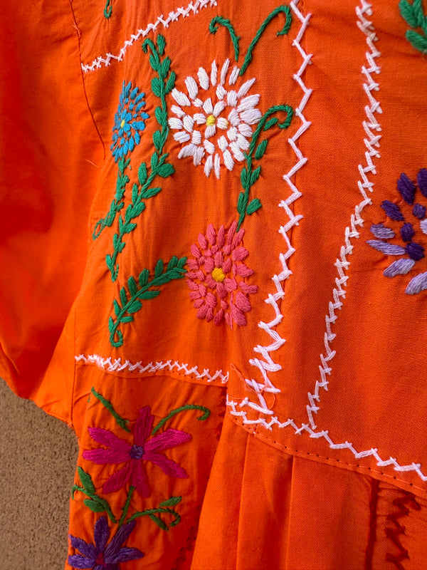 Orange Mexican Huipil with Floral Embroidery