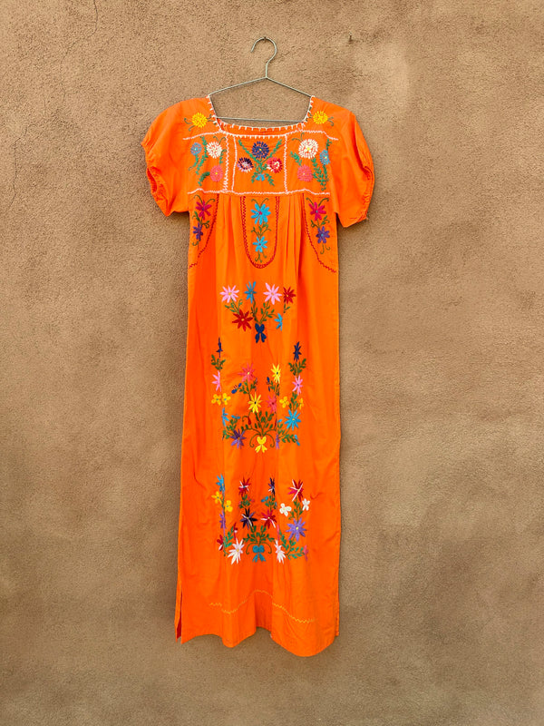 Orange Mexican Huipil with Floral Embroidery