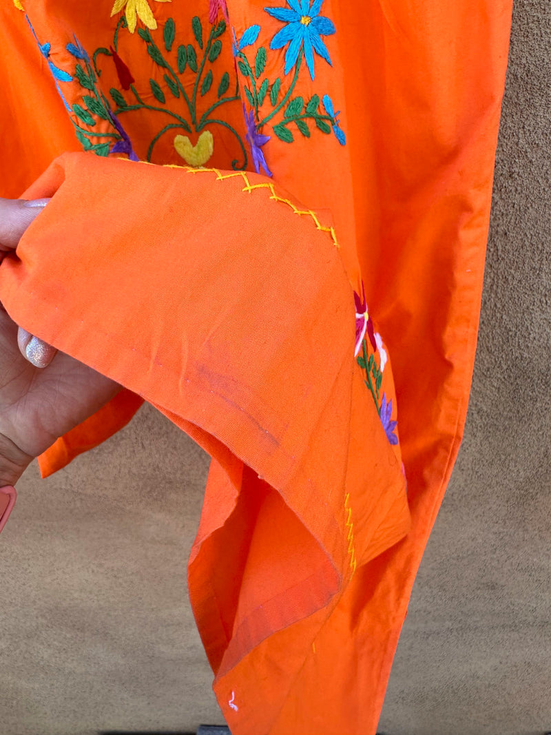 Orange Mexican Huipil with Floral Embroidery