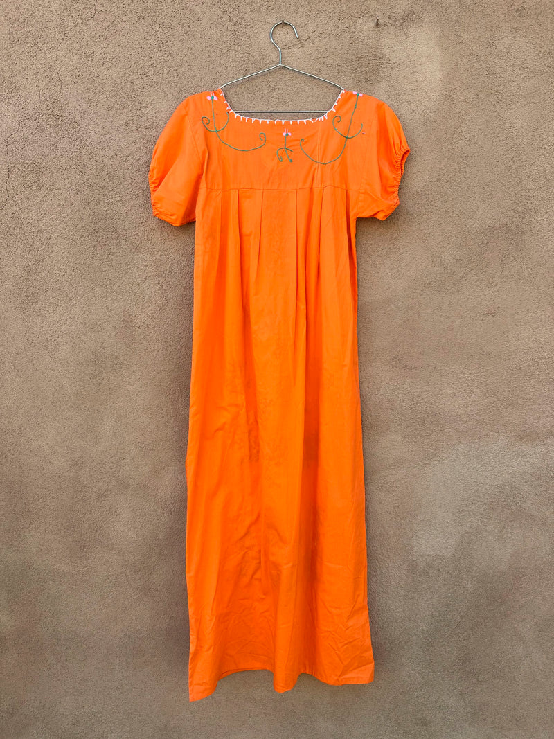 Orange Mexican Huipil with Floral Embroidery