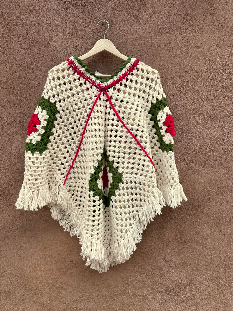 X-Mas Colored Crochet Poncho with Fringe