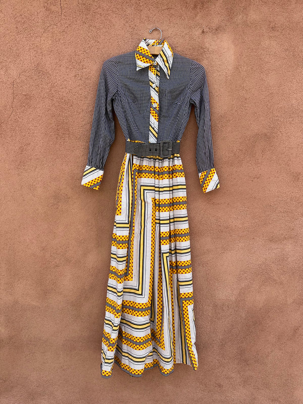 1960's High Waisted Lovely Patterned Maxi Dress with Long Sleeves