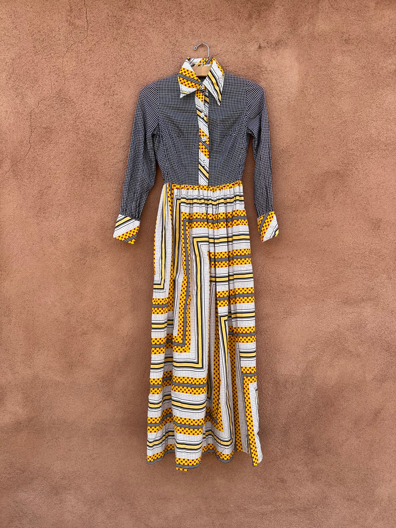 1960's High Waisted Lovely Patterned Maxi Dress with Long Sleeves