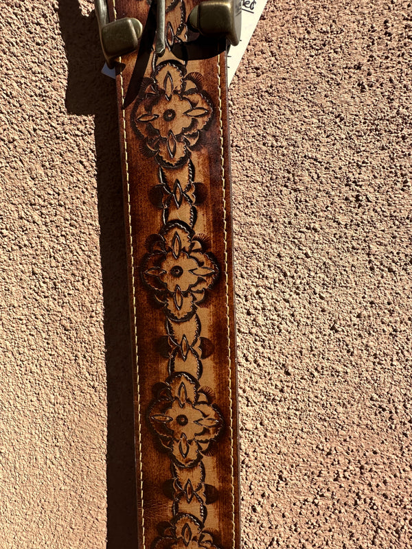 Hand Rubbed Stained Cowhide Hippie Style Embossed Belt - 38, 34
