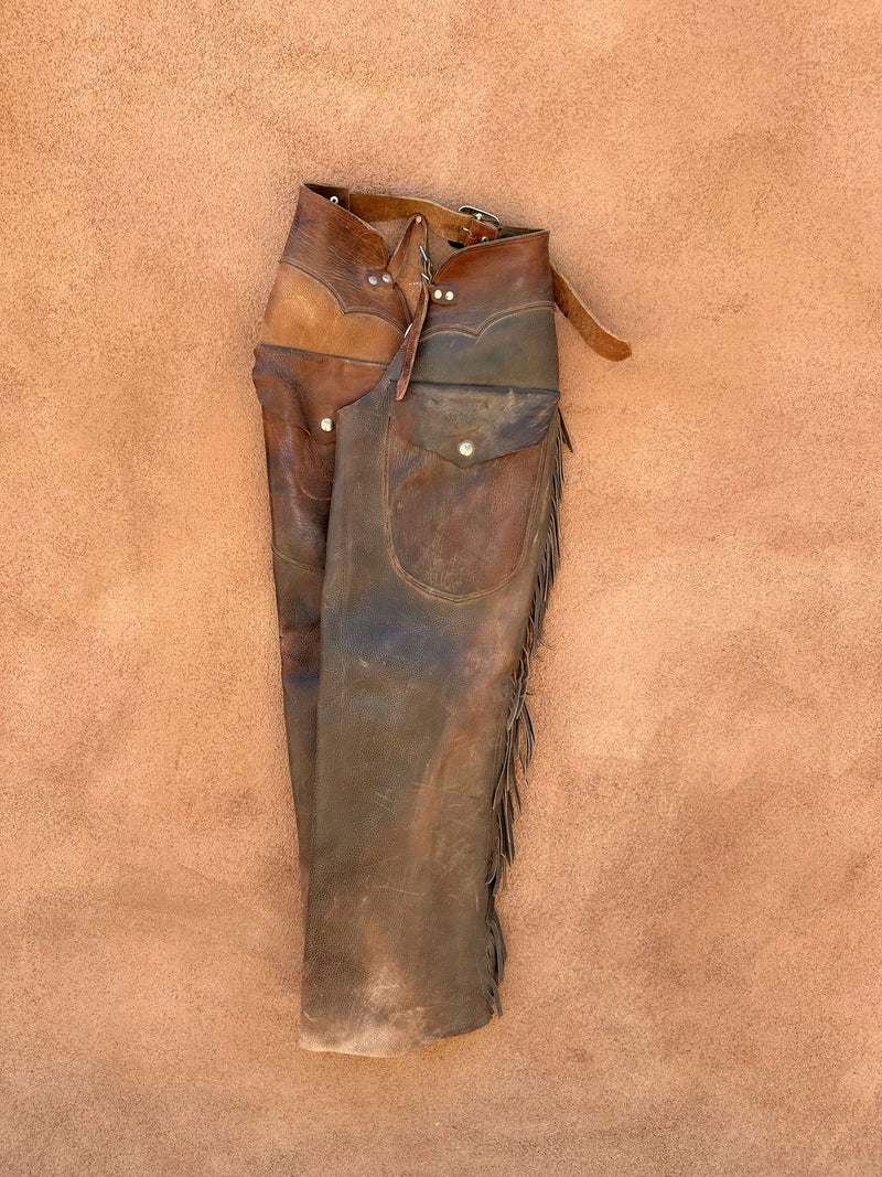 1960's Brown Pebble Grain Leather Chaps with Fringe