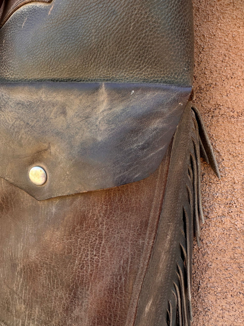 1960's Brown Pebble Grain Leather Chaps with Fringe