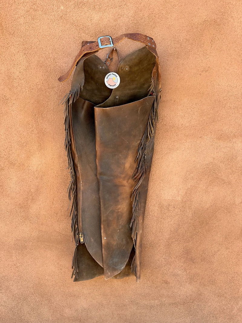 1960's Brown Pebble Grain Leather Chaps with Fringe