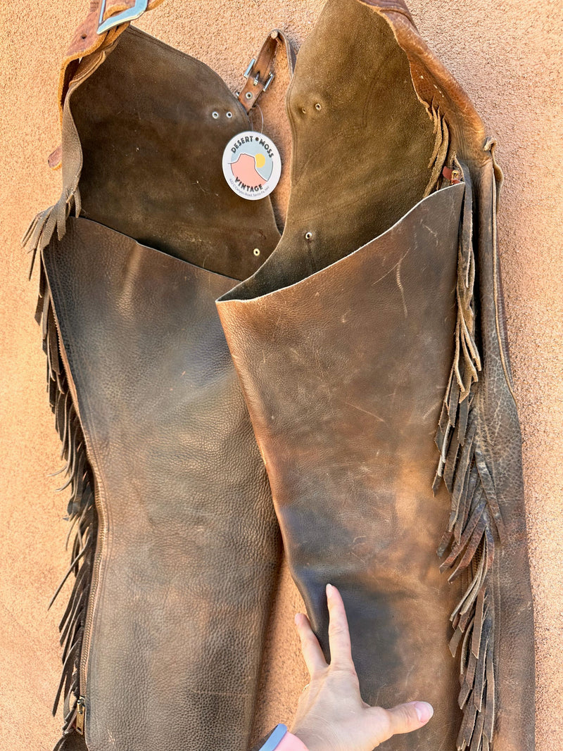 1960's Brown Pebble Grain Leather Chaps with Fringe
