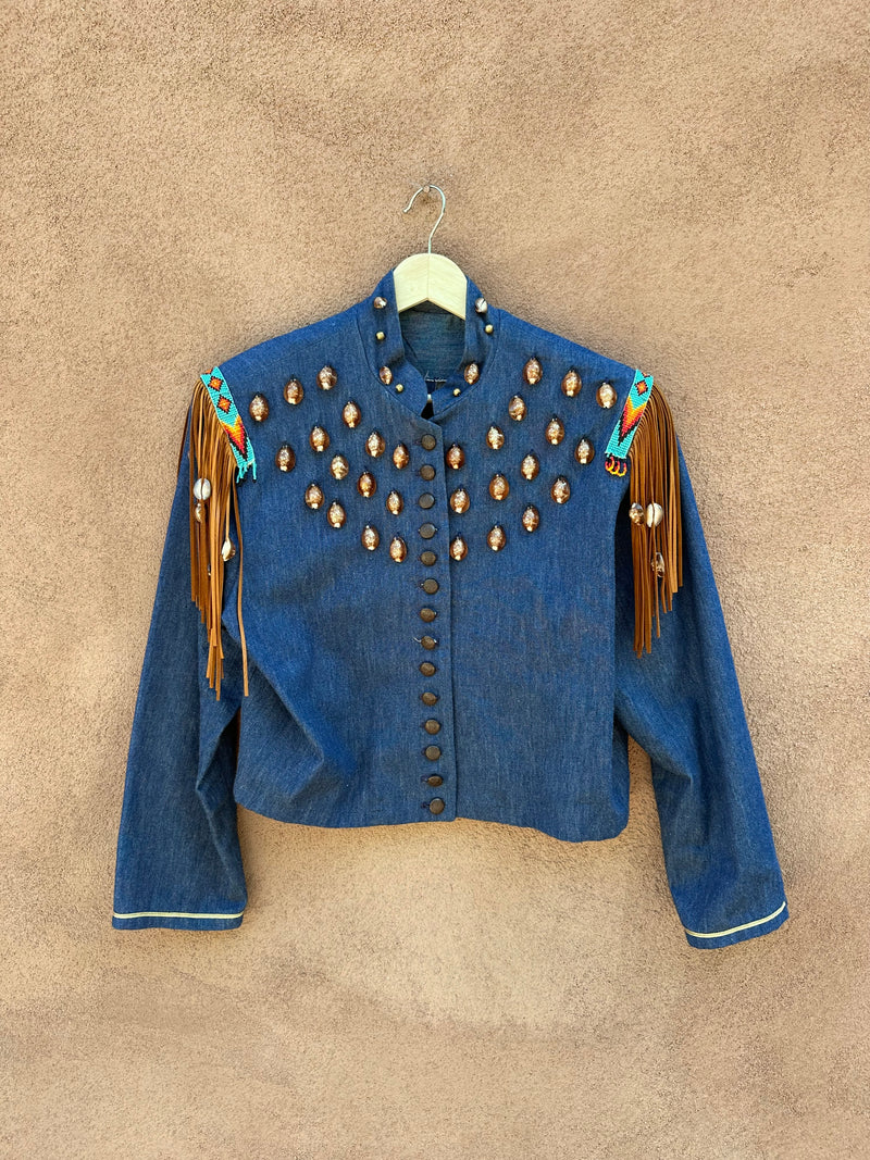 Denim Calvary Jacket with Fringe, Beads, and Shells