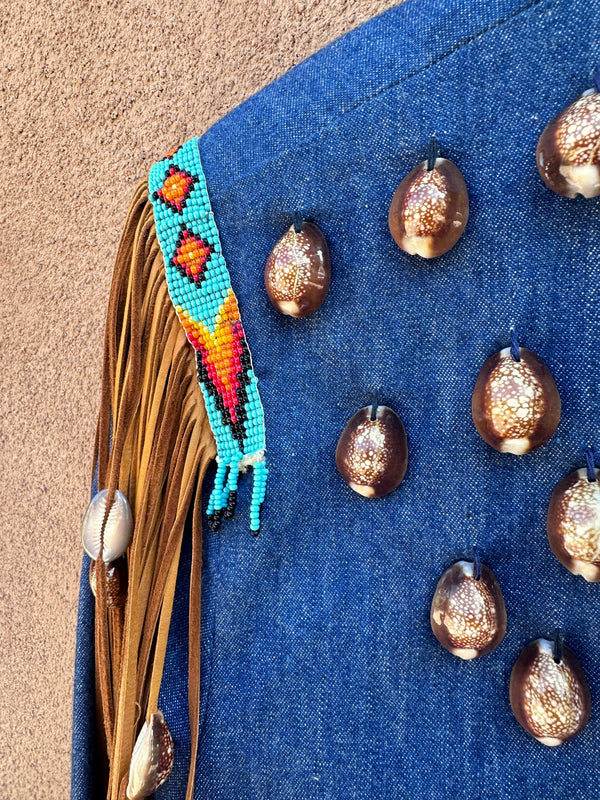 Denim Calvary Jacket with Fringe, Beads, and Shells