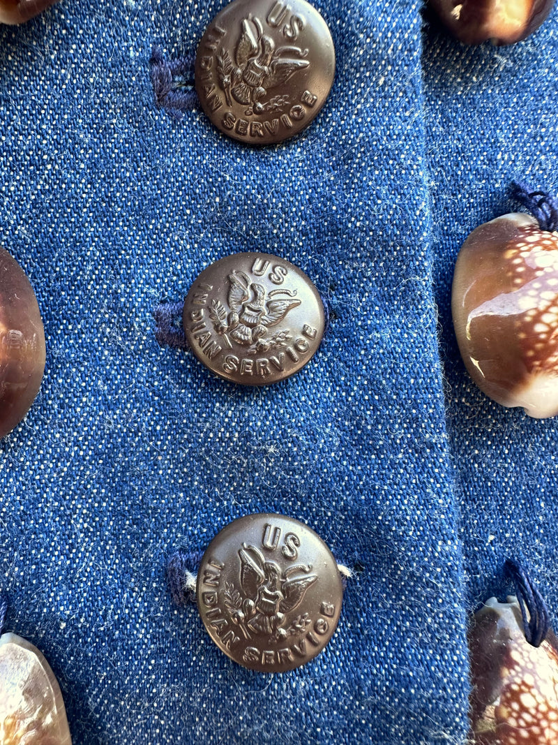 Denim Calvary Jacket with Fringe, Beads, and Shells