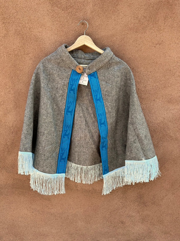 Gray Wool Cape with Fringe & Embroidered Blue Piping/Trim