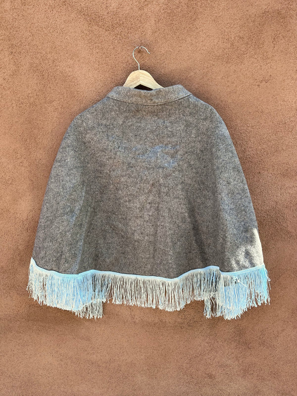 Gray Wool Cape with Fringe & Embroidered Blue Piping/Trim