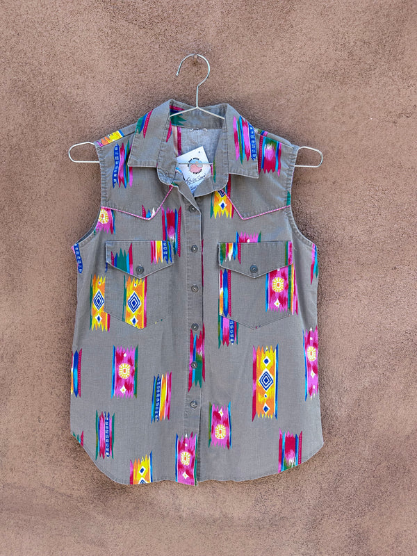 Taupe Sleeveless Blouse with Southwest Patterns