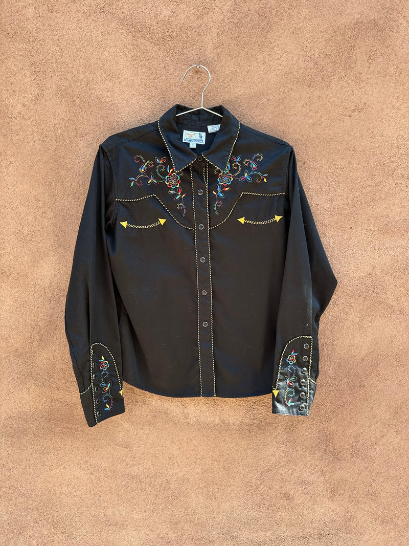 Black Panhandle Slim Blouse with Colorful Embroidery & Gold Piping