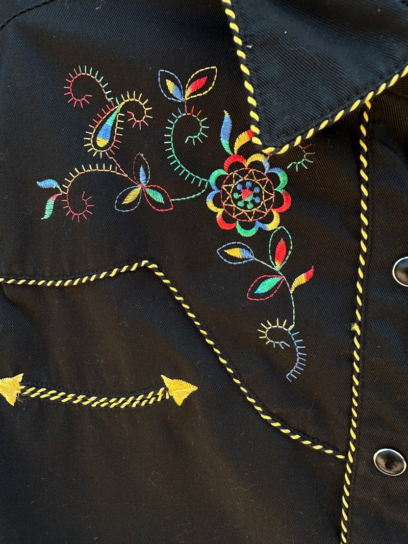 Black Panhandle Slim Blouse with Colorful Embroidery & Gold Piping