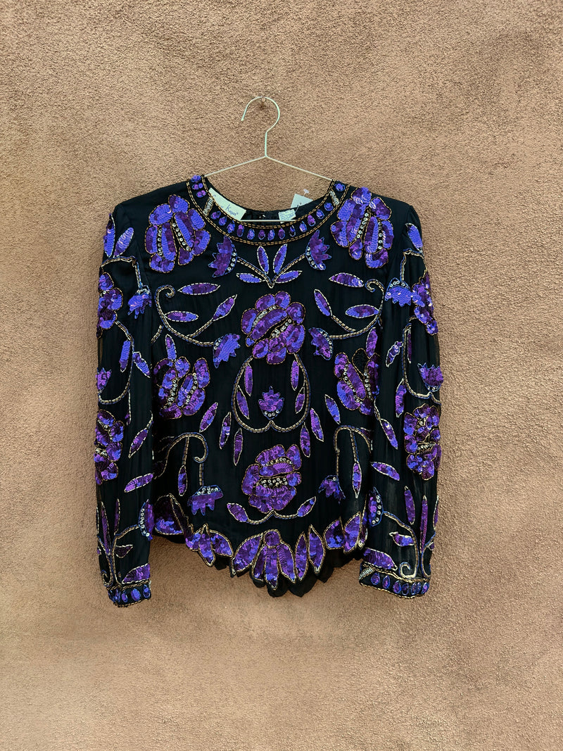 Purple Sequins & Beaded Laurence Kazar Silk Top