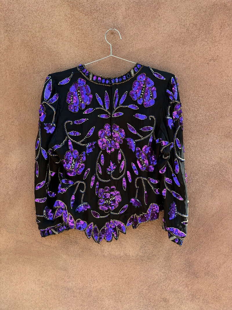 Purple Sequins & Beaded Laurence Kazar Silk Top