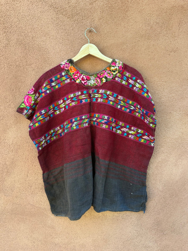 Raspberry & Gray Embroidered Floral Poncho