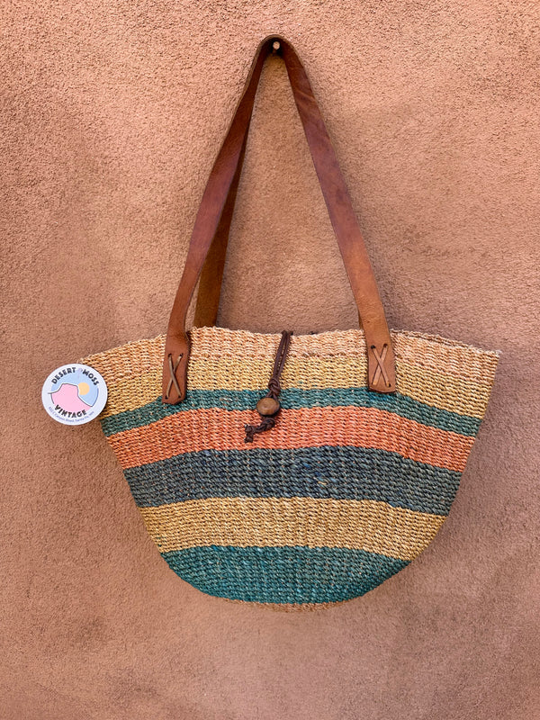 Woven Rope Tote with Leather Straps - Market Bag