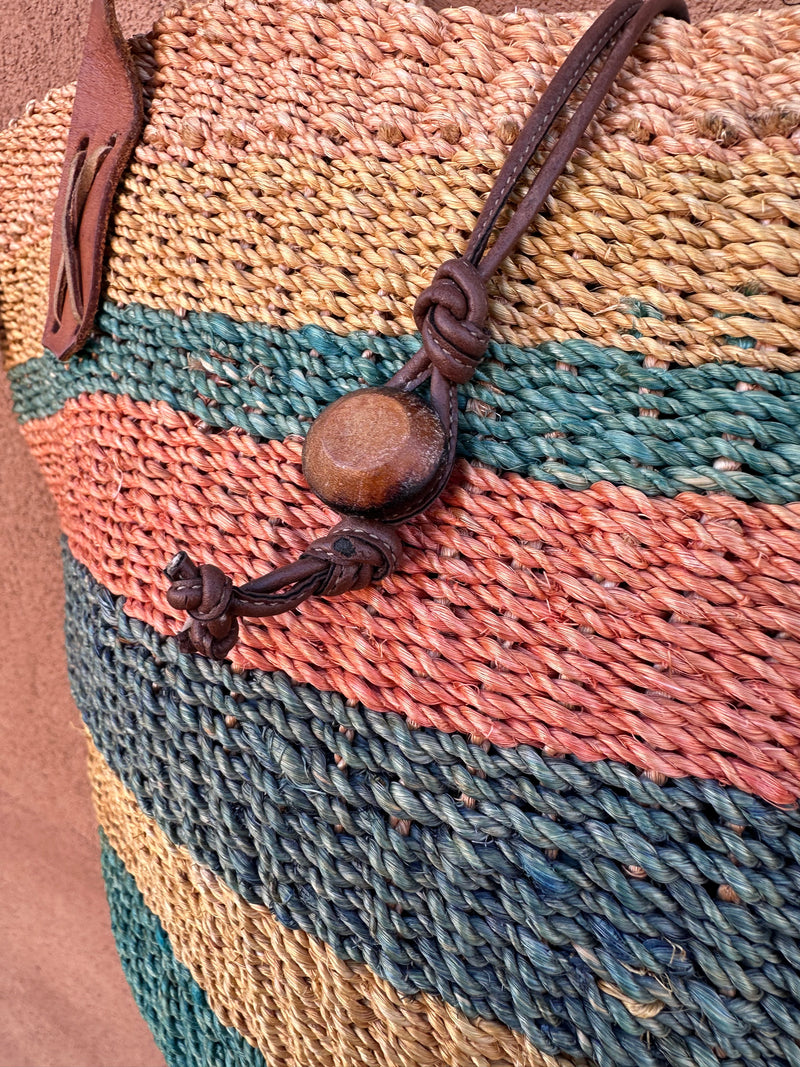 Woven Rope Tote with Leather Straps - Market Bag