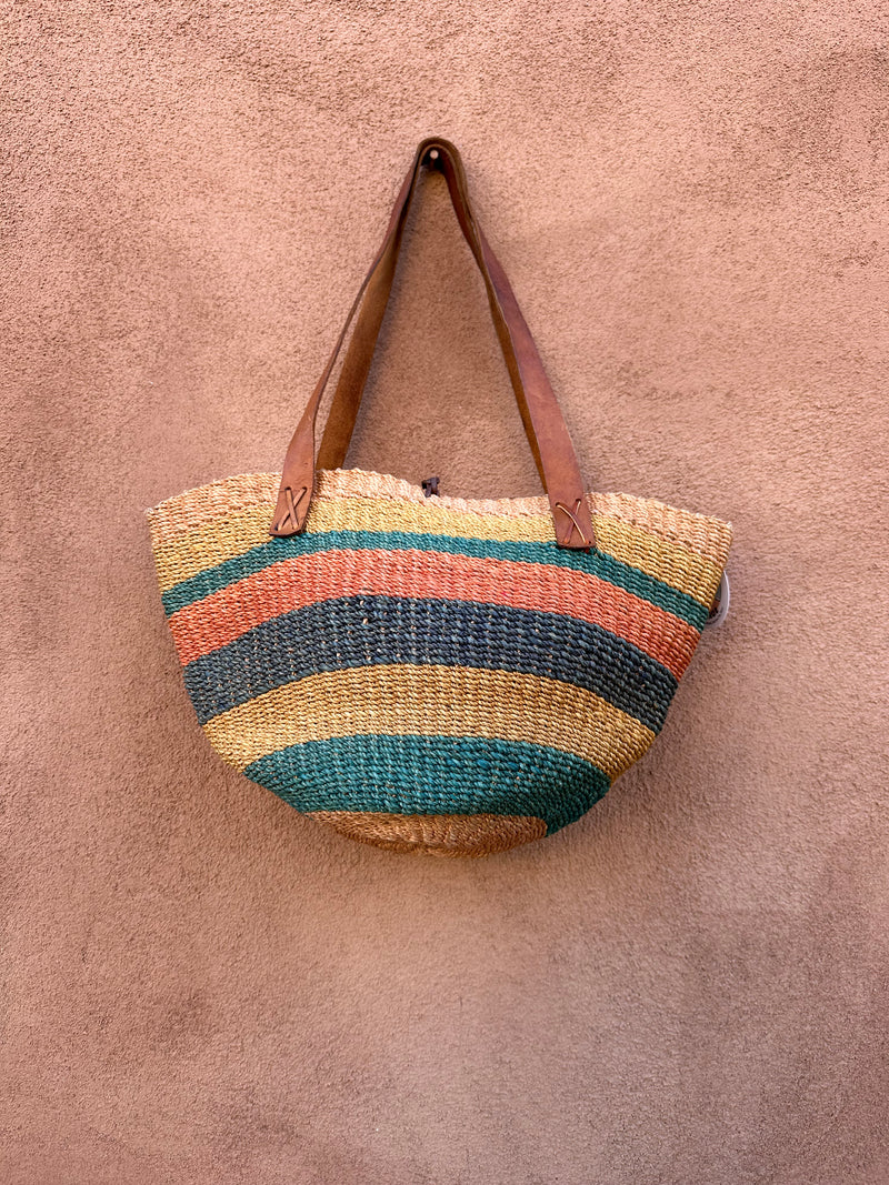 Woven Rope Tote with Leather Straps - Market Bag