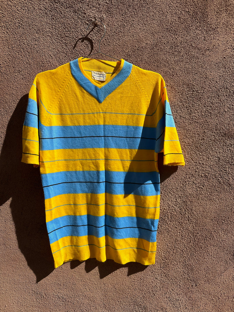 1960's Blue & Yellow V-neck Short Sleeve Sweater