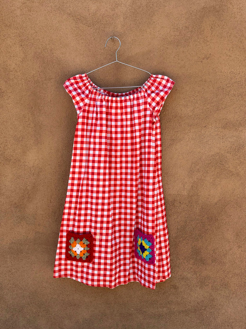 Picnic Check Dress with Crochet Flowers