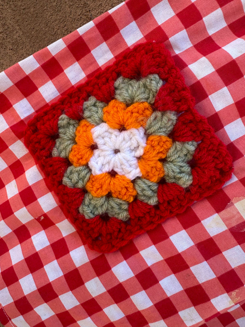 Picnic Check Dress with Crochet Flowers