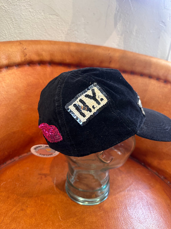 Black Velveteen Cap with Sequin "Patches"