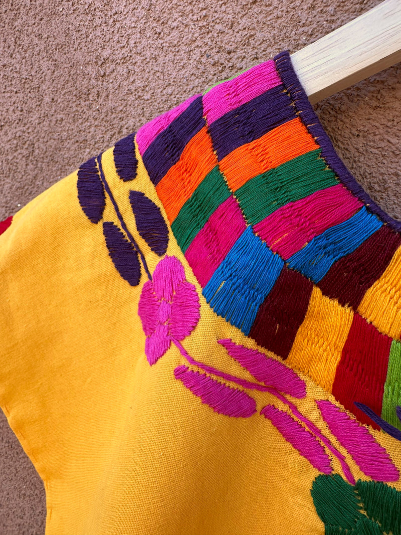 Yellow Cotton Embroidered Mexican Huipil