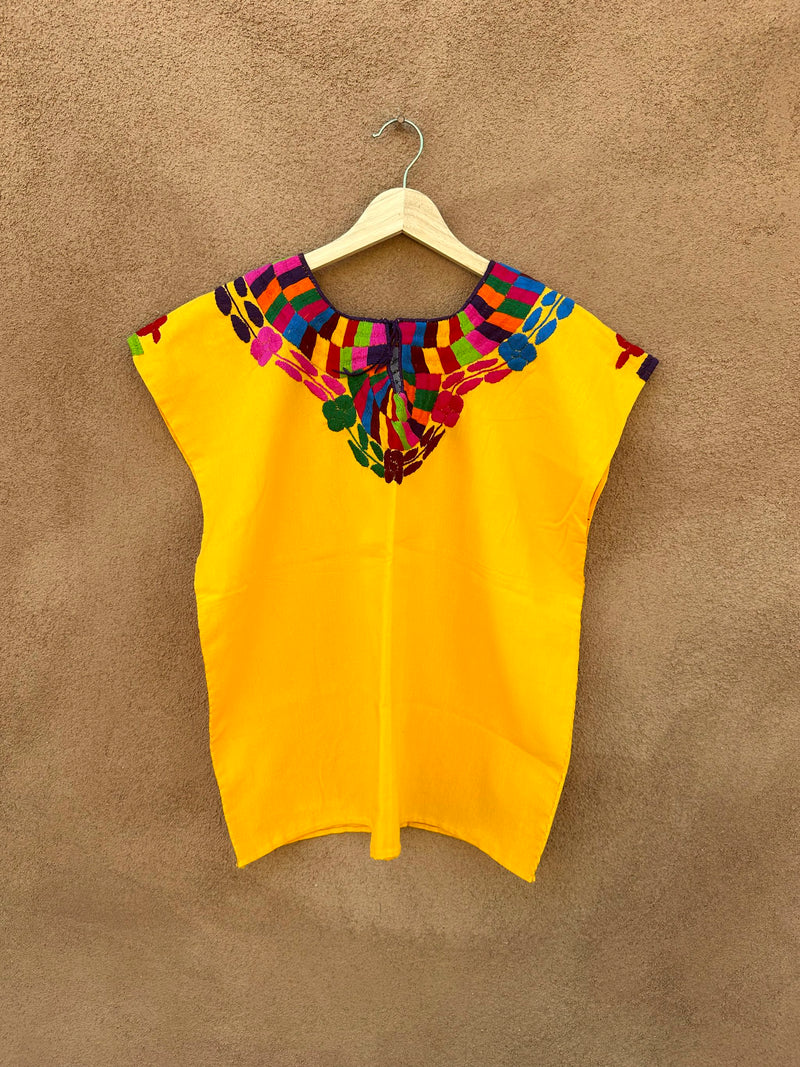 Yellow Cotton Embroidered Mexican Huipil