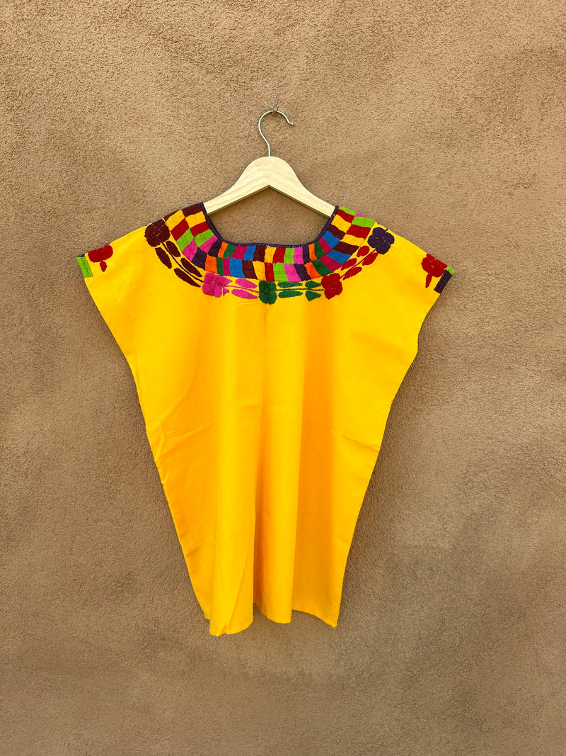 Yellow Cotton Embroidered Mexican Huipil