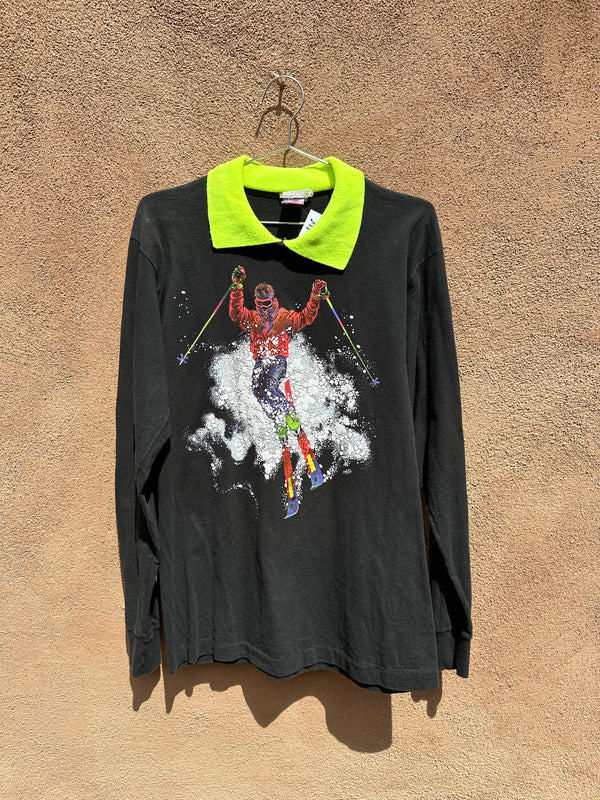 1990 Long Sleeve Ski Tee with Neon Collar