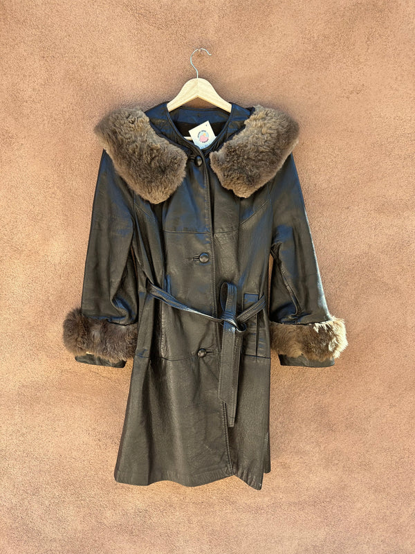 60's Black Leather Belted Coat with Fur Detail