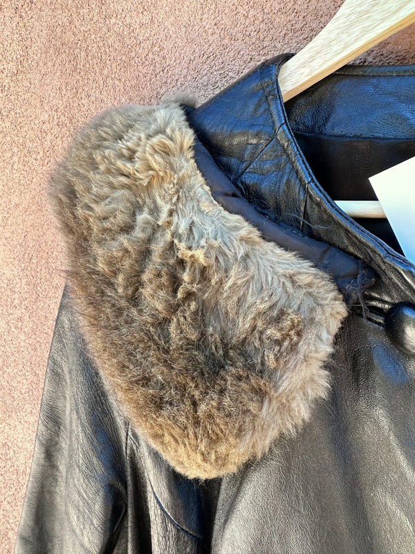 60's Black Leather Belted Coat with Fur Detail