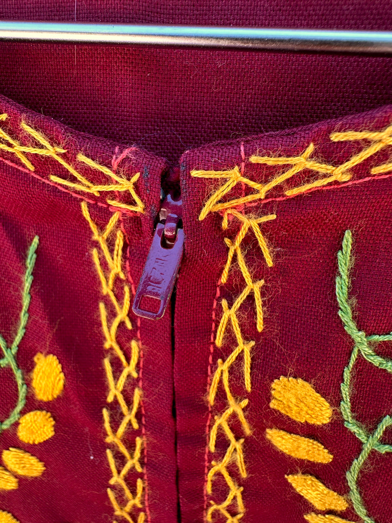 Maroon Boho Dress with Yellow Embroidered Flowers