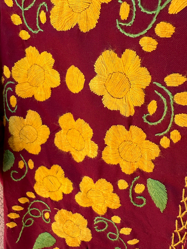 Maroon Boho Dress with Yellow Embroidered Flowers