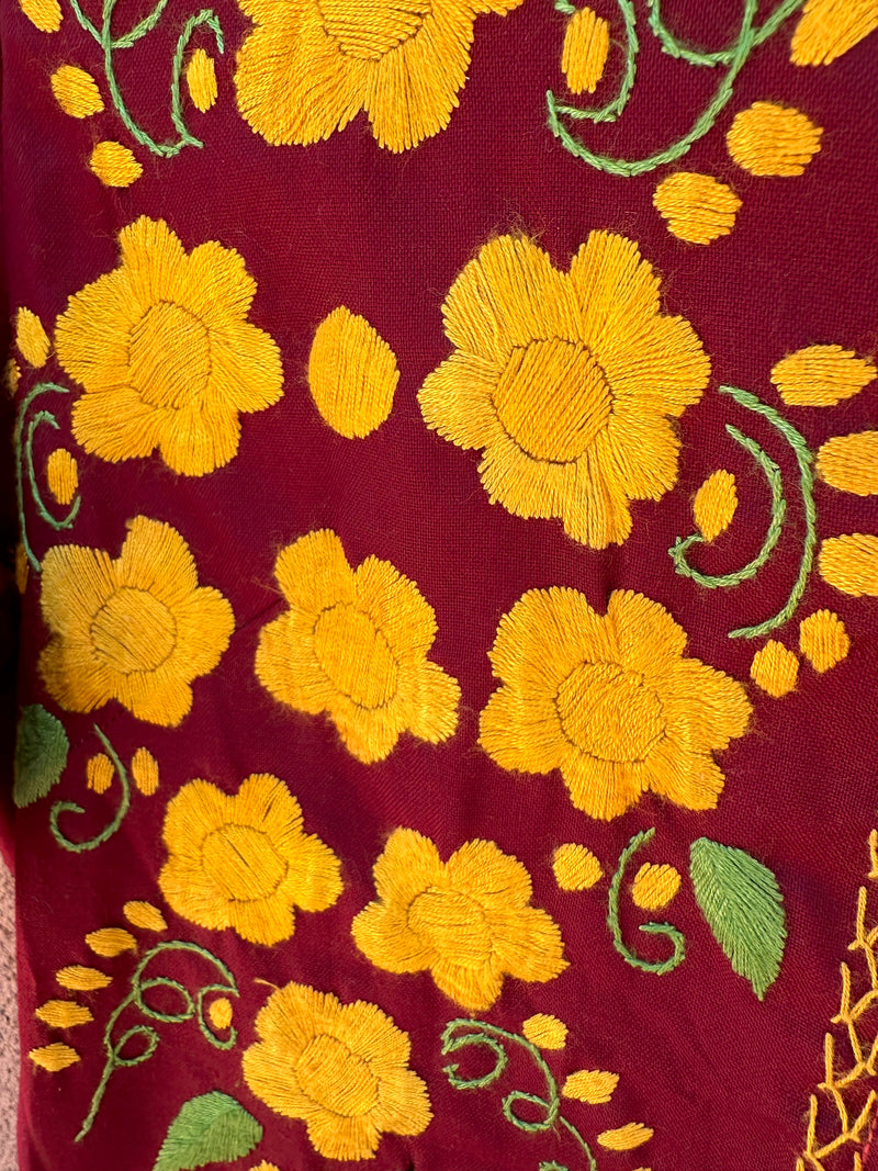 Maroon Boho Dress with Yellow Embroidered Flowers