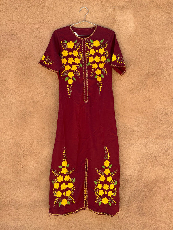 Maroon Boho Dress with Yellow Embroidered Flowers