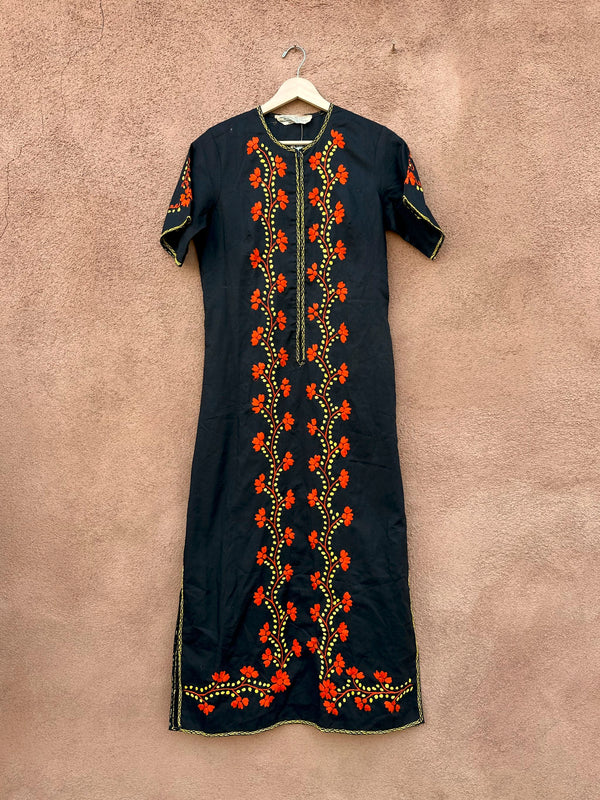 Boho Black Dress with Yellow & Orange Embroidery