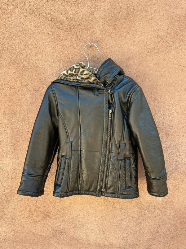 Faux Fur Lined Black Leather Girl's Hooded Jacket