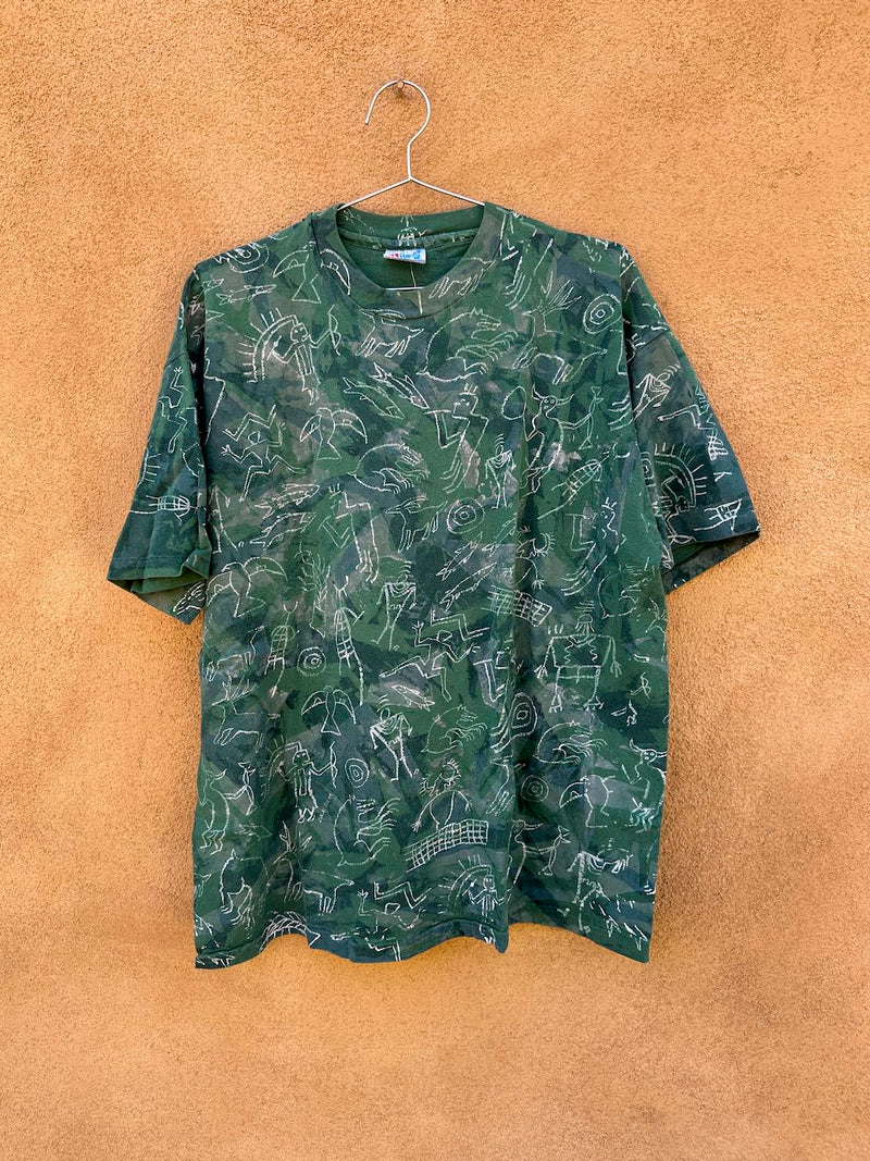 Green Abstract All Over Print Cave Painting T-shirt
