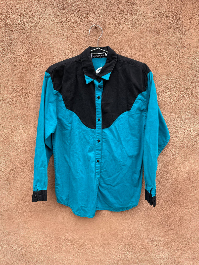 Black & Turquoise Adobe Rose Western Blouse