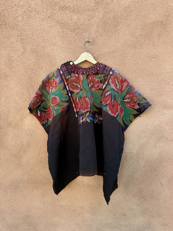 Embroidered Guatemalan & Canvas Textile Poncho - as is