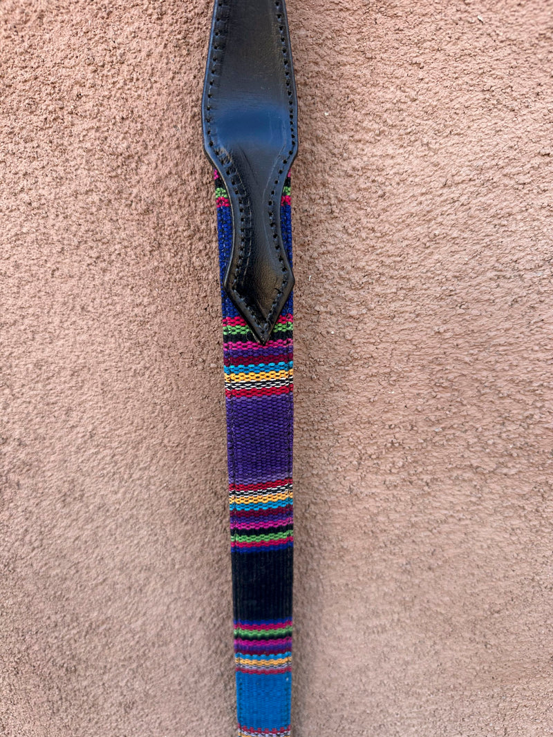 Colorful Woven Cotton Belt with Black Leather - 34