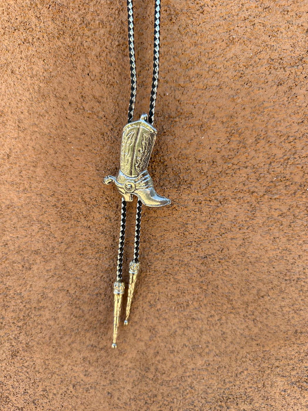 Cowboy Boot Bolo Tie with Silver & Black Cord